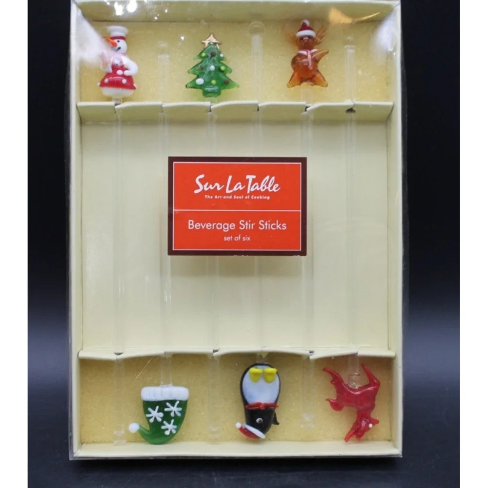 Sur La Table Christmas Beverage Stir Sticks Set of 6 NIB + 2 Gold Accent Glasses